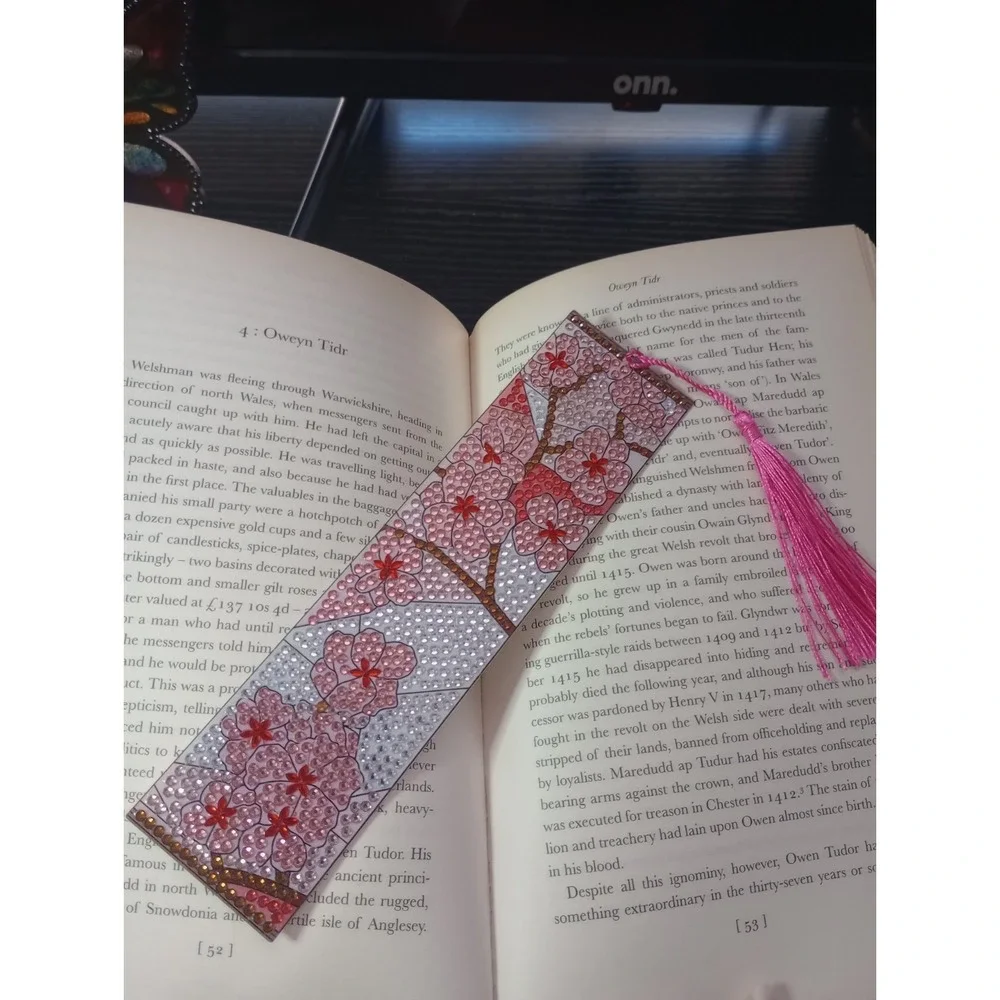 Handmade Diamond Painting Cherry Blossom Bookmark Pink Tassel 7.5